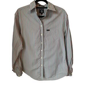 VTG Faconnable Women’s Pink and Green Striped Preppy Button Down Shirt Size S